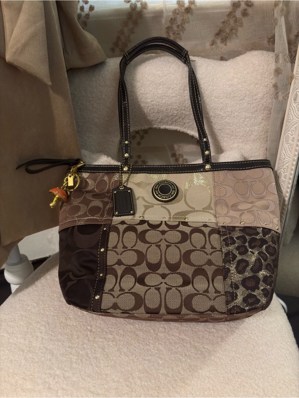 Coach Patchwork Signature Tote in Brown and Tan
